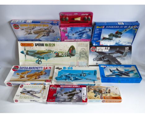 This is a selection of vintage military aircraft model kits by&nbsp;AIRFIX REVELL NOVO including SPITFIRE and MESSERSCHMITT. 