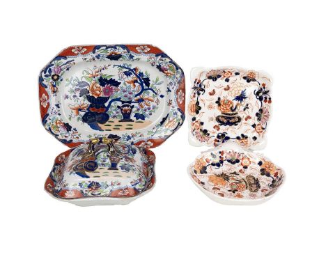18th Century Crown Derby dessert serving dish and square plate. Together with early 19th Century Spode 'New Stone' lidded tur