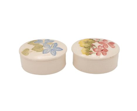 A Moorcroft Campanula trinket box and one other in pink, both with impressed mark to the base.