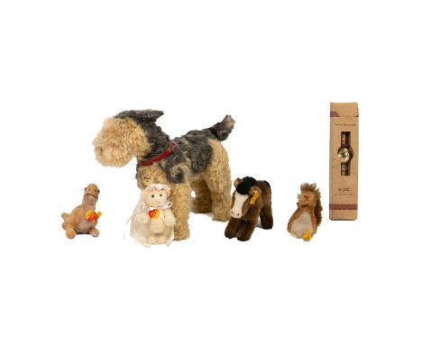 Collection of Steiff animals, to include a Airedale Classic 1935, Christmas Angel, Pony, Red Squirrel a Dinosaur and a cased 