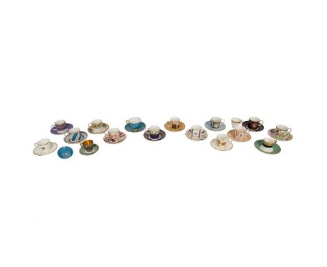 Collection of cabinet cups and saucer sets to include 6 for Wedgwood, 5 unmarked, 2 for Mintons and 2 for Coalport Museum, to