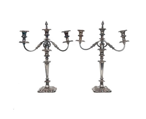 Pair of tall Sheffield plate candelabra, mid 19th Century. Neoclassical form, removable drip trays and each triple candlestic