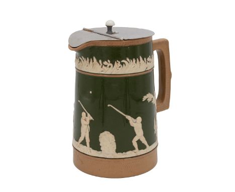 Copeland Late Spode golfing jug with removable pewter hinged lid. The body decorated with golfing figures in white relief on 