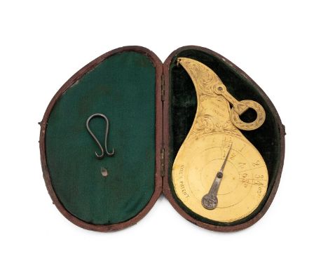 Halls patent postal balance scales, Parnell London, c1863-75. Gilt brass with steel needle, measures up to 4 oz, in fitted le