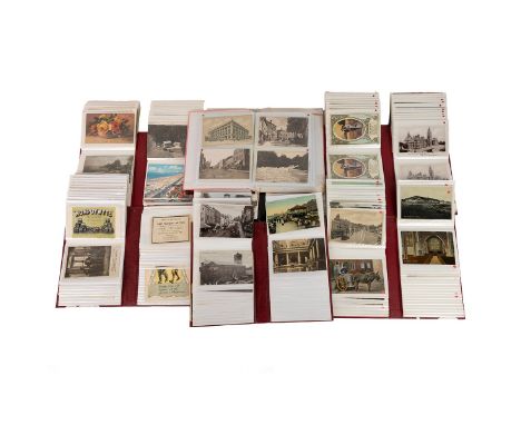 Seven albums of vintage postcards. Includes: Folding Hitler portrait, Titanic memorial card, women's suffrage card, military,