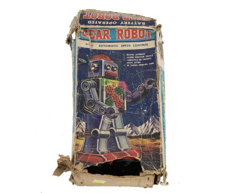Boxed vintage Gear Robot with automatic speed control, battery operated, painted tin, as found.