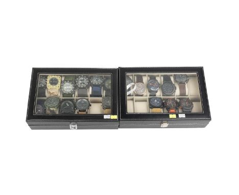 Collection of gent's quartz wristwatches including: 2 x Casio G-SHOCK, Aviator, KDS, Michael Kors, Boss, Emporio Armani, With