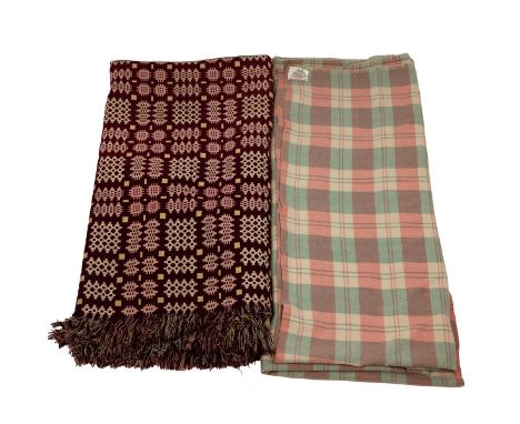 Vintage Welsh Hafren style tapestry blanket 223cm x 190cm and Welsh blanket (red and green check) with original label DERW pr