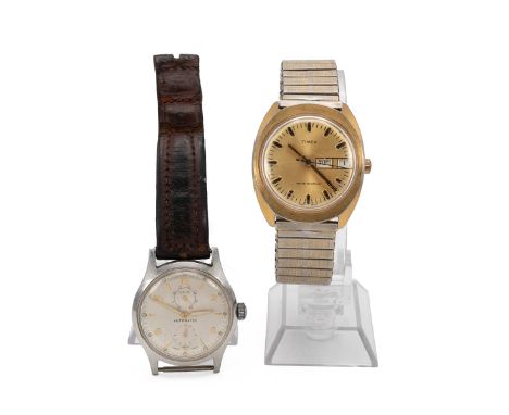 Vintage gilt-steel Timex automatic wristwatch, day/date aperture at 3, expandable strap, 35mm case; also a vintage Oris Autom