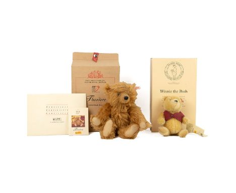 Steiff - Theodore bear, reddish blond, H 28cm, boxed; Also Winnie the Pooh bear, blond, H 18cm, limited edition 2001, boxed. 