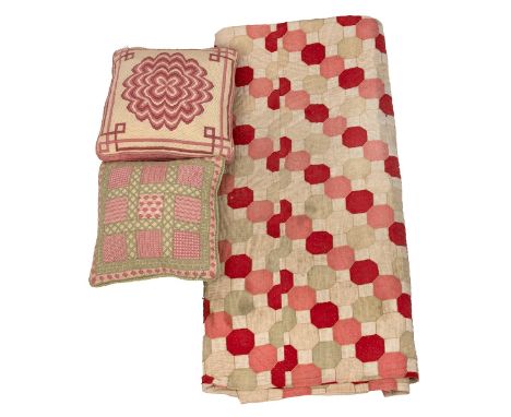 Welsh hand stitched patch work quilt 194cm x 190cm and 2 tapestry cushions.