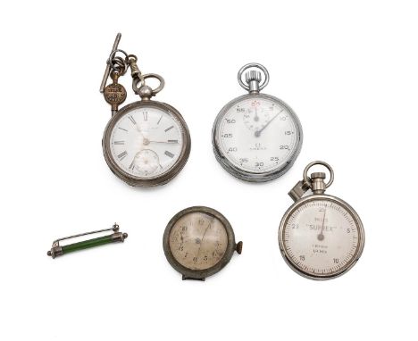 Two pocket watches, an Omega stopwatch, Suprex Mile counter and a silver and jade bar brooch (5)