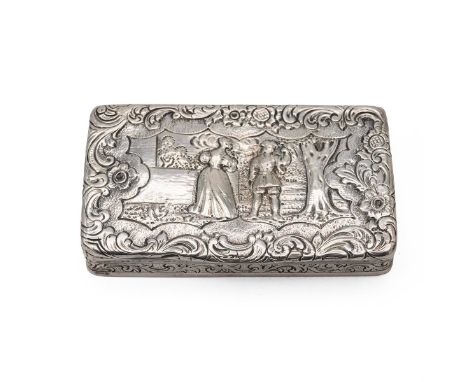 Naval and Naval Interest: A silver gilt (tested as 925) metal snuff box decorated with repousse work depicting a couple in a 