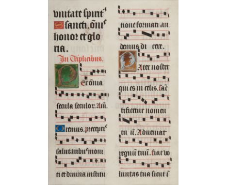 [MANUSCRIPT LEAF -- ANTIPHONARY]. One leaf on vellum, in Latin. Italy, ca. 1480-1525.Written in a Gothic Textura hand, double