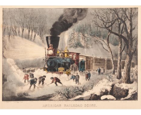 CURRIER and IVES, publishersAmerican Railroad Scene. Snow Bound, 1871. Small format lithograph with hand-coloring heightened 