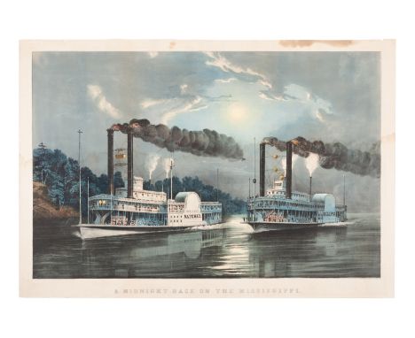 CURRIER and IVES, publishers -- After Frances F. PalmerA Midnight Race on the Mississippi, 1860. (G. 4476). Large format lith