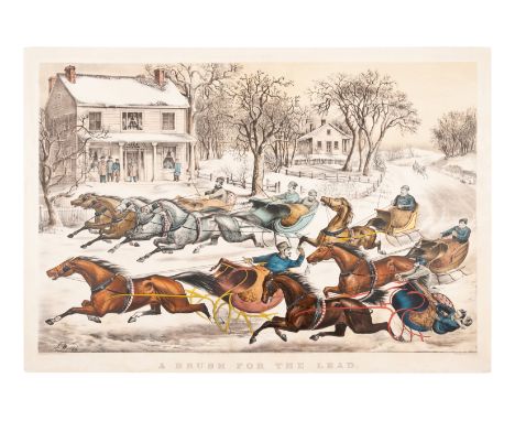 CURRIER and IVES, publishers -- After Thomas WorthA Brush for the Lead [New York Flyers on the Snow], 1867. (G. 0795). Large 
