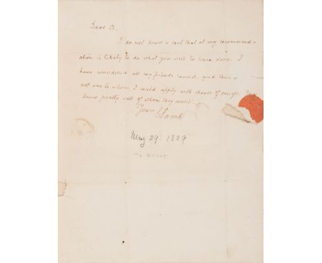 LAMB, Charles (1775-1834). Autograph letter signed ("C. Lamb") to Mr. Allsop. N.p., 29 May 1829.1 page, 8vo, a few holes or t