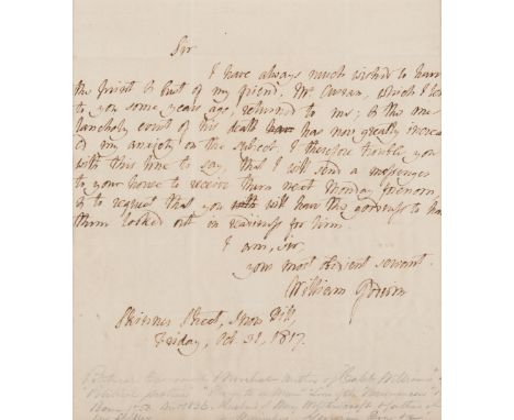 GODWIN, William (1756-1836). Autograph Letter Signed ("William Godwin"), to an unnamed recipient. Skinner Street, Snow Hill, 