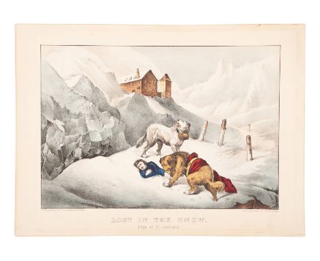 CURRIER and IVES, publishersLost in the Snow. Dogs of St. Bernard, n.d. (G. 4103). Small format lithograph with hand coloring