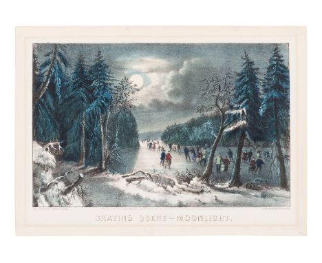CURRIER and IVES, publishersSkating Scene -- Moonlight, 1868. (G. 5941). Small format lithograph with hand-coloring heightene