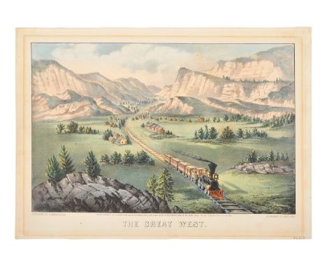 CURRIER and IVES, publisherThe Great West, 1870. (G. 2879). Small format lithograph with hand coloring, on wove paper, matted