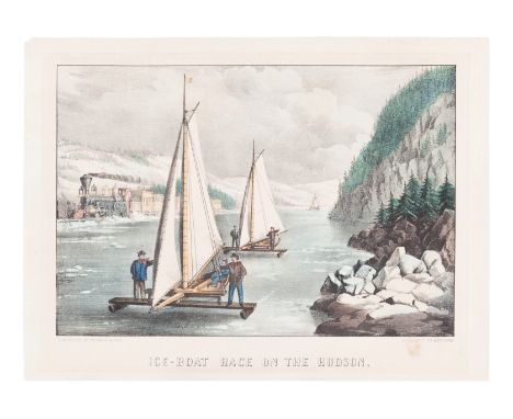 CURRIER and IVES, publishersIce-Boat Race on the Hudson, n.d. (G. 3258). Small format lithograph with hand coloring heightene