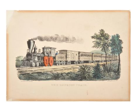 CURRIER and IVES, publisherThe Express Train, n.d. (G. 1946). Small format lithograph with hand-coloring, heightened in gum a