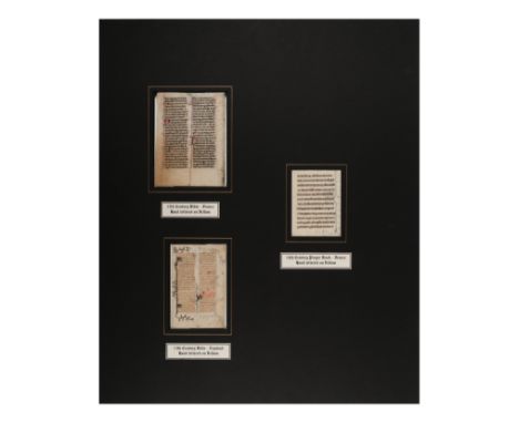 [MANUSCRIPT LEAVES -- BIBLES]. A group of 3 manuscript leaves on vellum, matted together, comprising:One leaf on vellum, in L