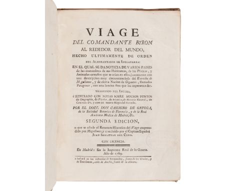 [TRAVEL &amp; EXPLORATION]. BYRON, John. (1723-1786) Viage del Comandante Byron Al Rededor Del Mundo"¦ Madrid: Imprenta Real 