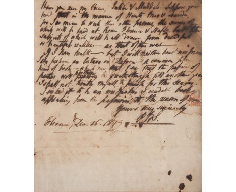 SHELLEY, Percy Bysshe (1792-1822). Autograph letter signed ("P. B. S."), to Charles Ollier. Florence, Italy, 15 December 1819
