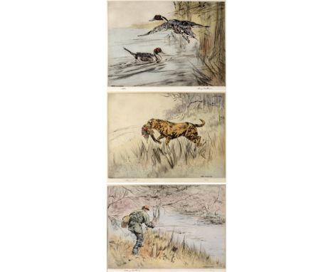 AFTER HENRY WILKINSON Mallard Duck; Fisherman; & Gun Dog with Pheasant, three limited edition colour engravings, Nos. 69/150.