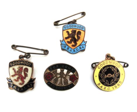 THREE 'GOODWOOD B.A.R.C.' ENAMEL MOTOR RACING BADGES  1963, 1964 and 1965; and a 'W.I. For Home and Country' enamel badge. (4