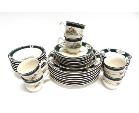 A KELTCRAFT 'PURSUIT' PATTERN PART DINNER AND TEA SERVICE comprising eight dinner plates, seven dessert bowls, one side plate