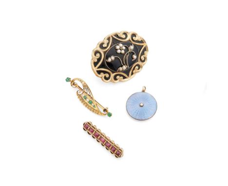  A collection of brooches  Including an emerald and diamond brooch, of stylised fan design, stamped 15ct; a late 19th century