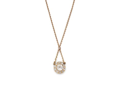  A diamond cluster pendant necklace  Claw-set with an old round-cut diamond, weighing approximately 1.00ct, in a border of te