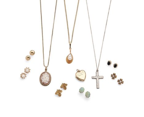  A collection of jewellery  Including a pair of opal stud earrings, a pair of sapphire stud earrings; a pair of diamond four-