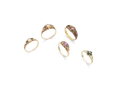  A collection of gem-set rings  Including a 15ct gold red and green garnet ring (one stone deficient), another 15ct gold amet