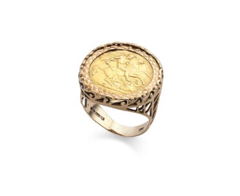  A half-sovereign ring  Set with a 1914 half-sovereign, in a pierced 9ct gold mount, UK hallmarks Ring size: P/Q   
