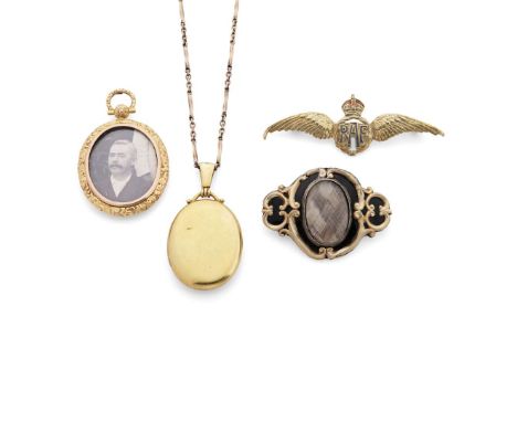  A collection of jewellery  Including an oval locket, unmarked; a mid 19th century black enamel and braided hair morning broo