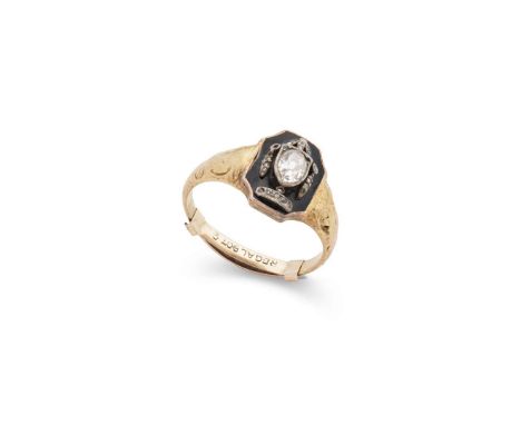  A 19th century enamel and diamond mourning ring  The central panel depicting an urn, set with a pear-shaped diamond and rose