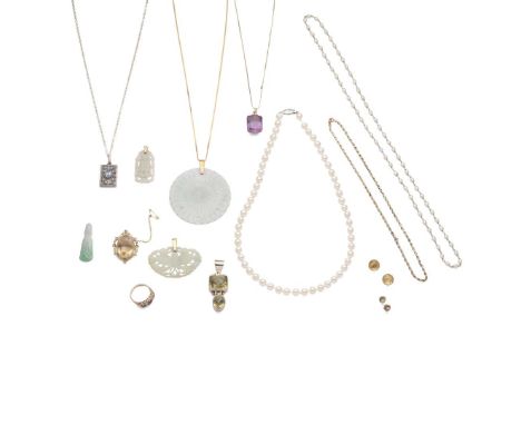  A collection of gem-set jewellery  Including a cultured pearl necklace, a 9ct gold garnet and colourless gem ring; a citrine