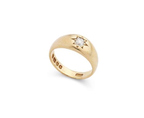  An early 20th century 18ct gold diamond ring  Gypsy-set with a cushion-cut diamond, weighing approximately 0.35cts, plain mo