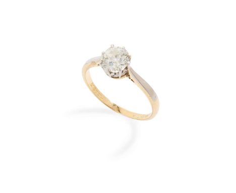  A diamond single-stone ring  Claw-set with an old round-cut diamond, weighing approximately 0.95cts, plain band, stamped 18c