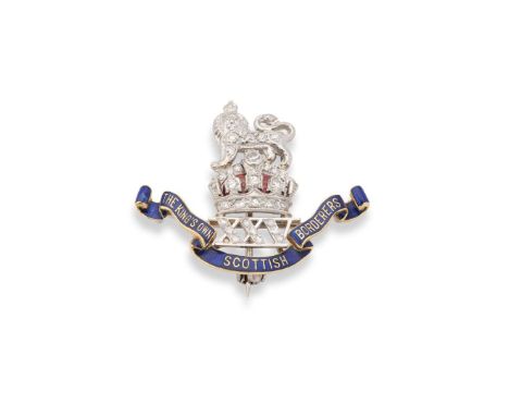  The Kings Own Scottish Borderers: An enamel and diamond Sweetheart brooch  Set throughout with graduated eight-cut diamonds,