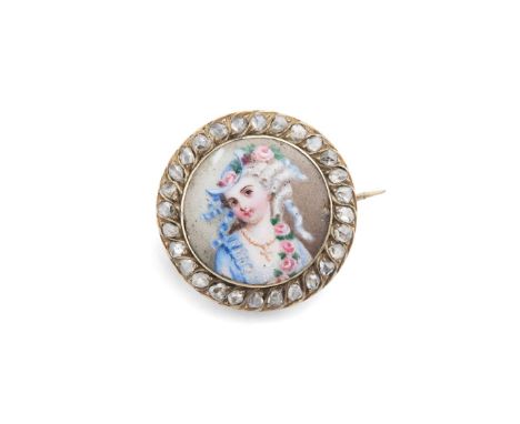  An enamel and diamond brooch  Depicting a lady in 18th century costume in a border of rose-cut diamonds, glazed panel to rev