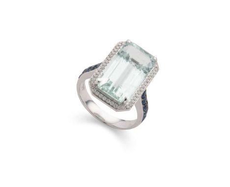 An aquamarine, sapphire and diamond cocktail ring Claw-set with a rectangular step-cut aquamarine in a border of small round 