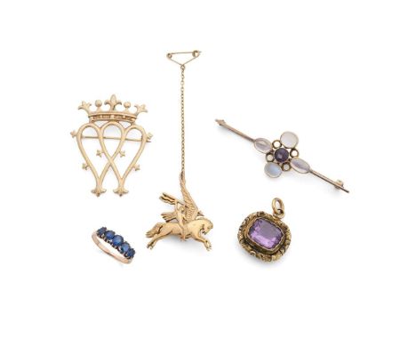  A collection of jewellery  Including a 9ct gold luckenbooth brooch, and another modelled as Pegasus and Bellerophon, UK hall