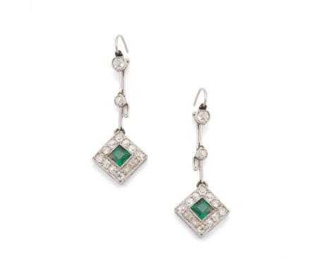 A pair of emerald and diamond pendent earrings  Each millegrain-set with two old round-cut diamonds to knife-bar links, susp
