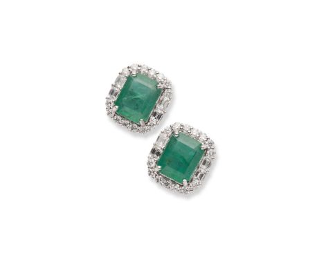  A pair of emerald and diamond cluster earrings  Each claw-set with a rectangular step-cut emerald, in a border of round bril